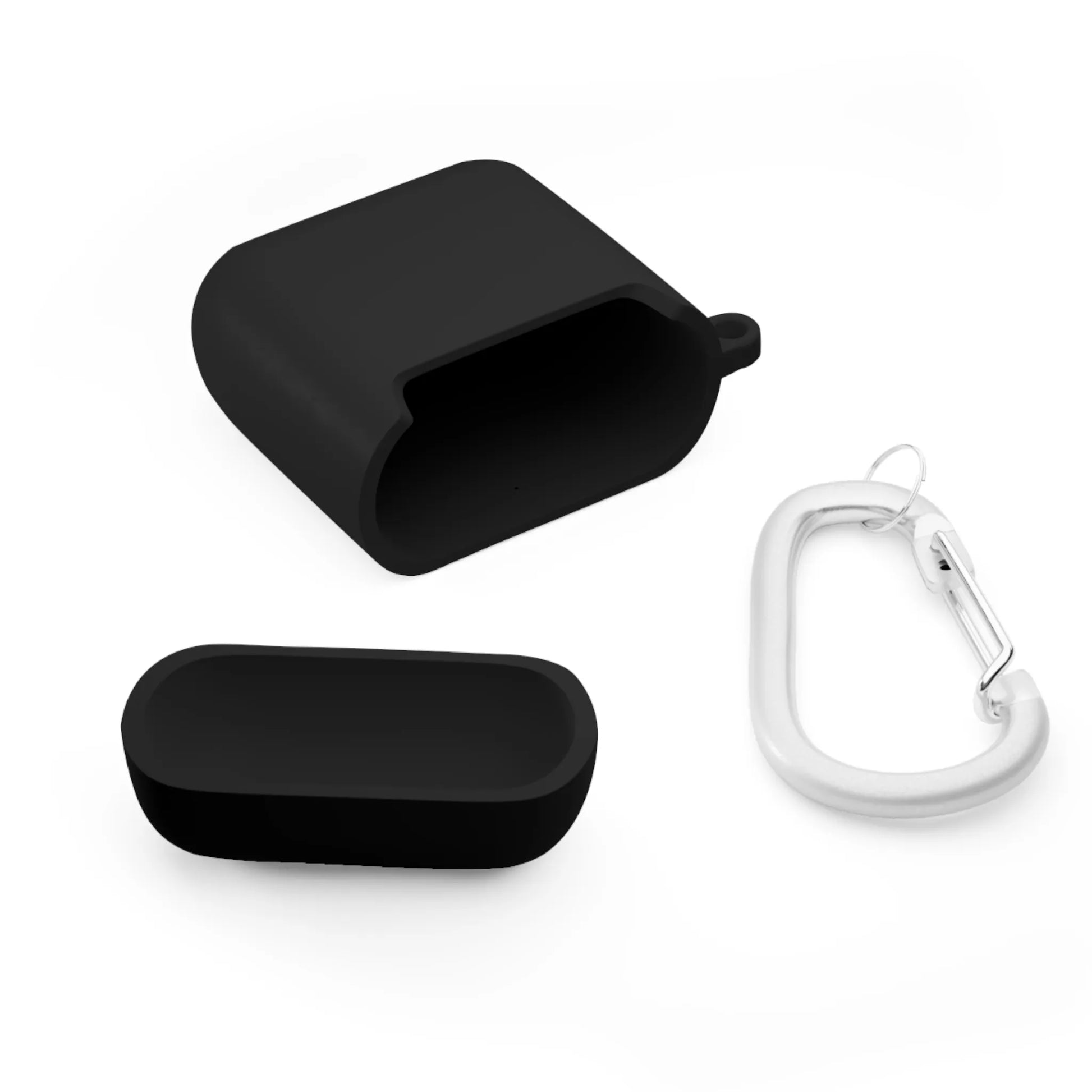 Dark blue silicone earbud case with lid and silver carabiner.