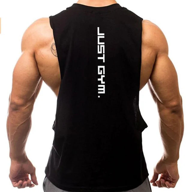 Black sleeveless fitness tank showing muscular back and shoulders, vertical "JUST GYM" text down center