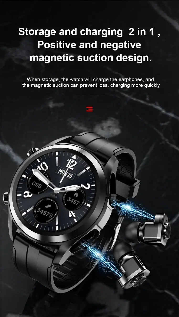 Black smartwatch with round face and earbuds, showing magnetic charging.