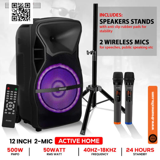 Black speaker system with purple illumination, two wireless mics, and a speaker stand.