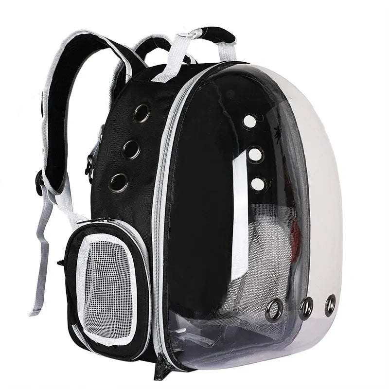 Black transparent pet carrier backpack with mesh ventilation and adjustable shoulder straps for comfort