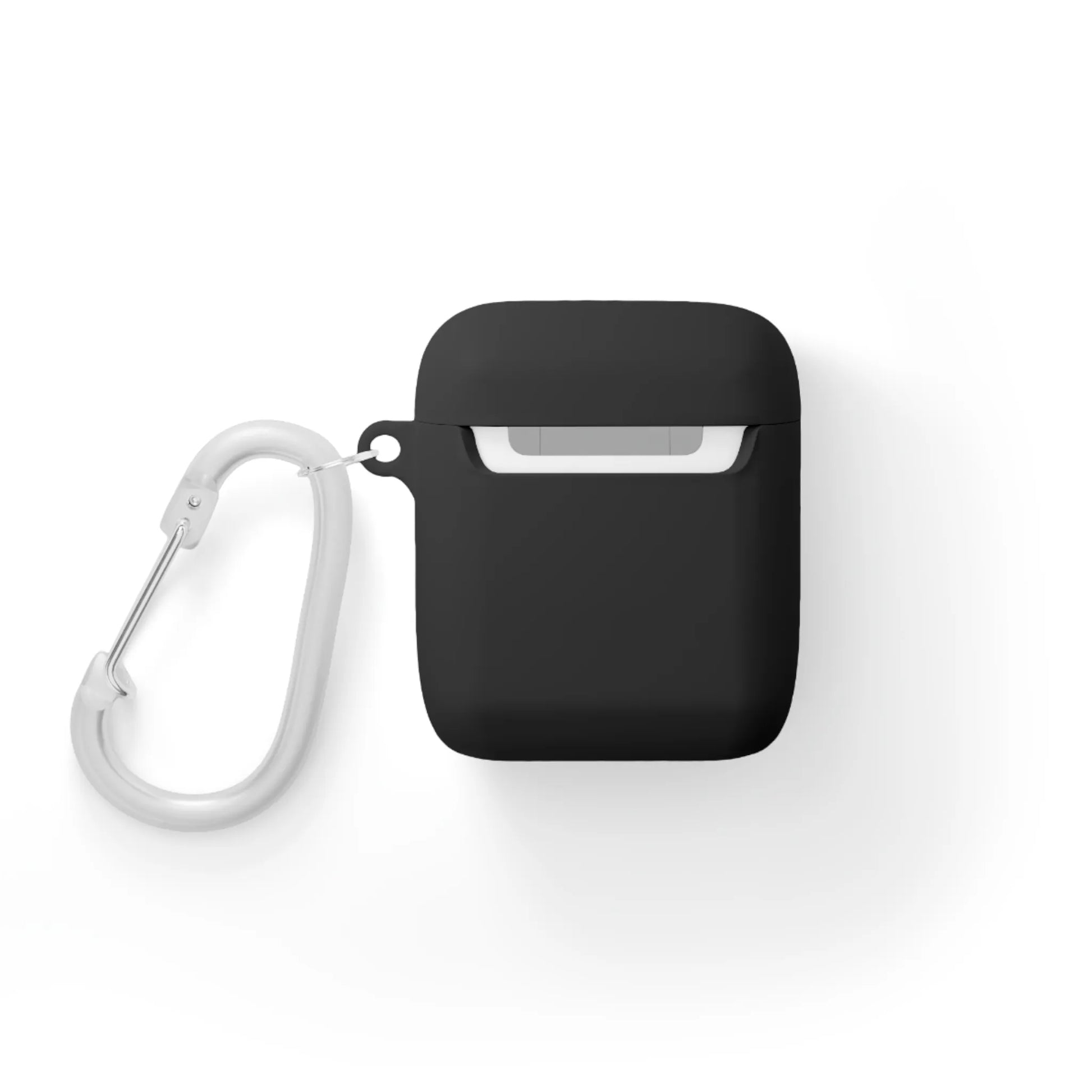 Black wireless earbud charging case with a white carabiner clip.
