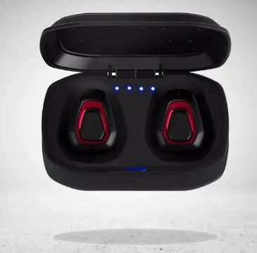 Black wireless earbuds in an open charging case with blue LED lights.