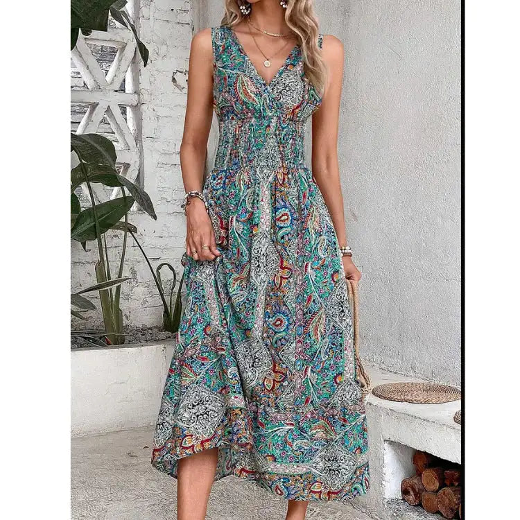 Blonde woman in teal paisley midi dress with smocked bodice, posing near plants, handbag
