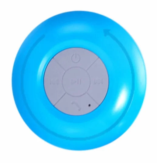 Blue circular speaker with gray control buttons.