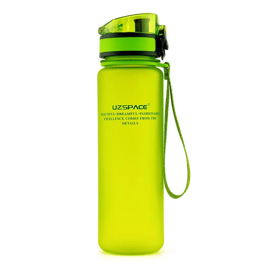 Bright neon green UZSPACE water bottle with flip-top lid and carrying strap against white