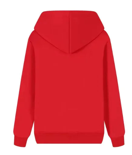 Bright red hoodie sweatshirt photographed from behind, showing hood construction and back details clearly