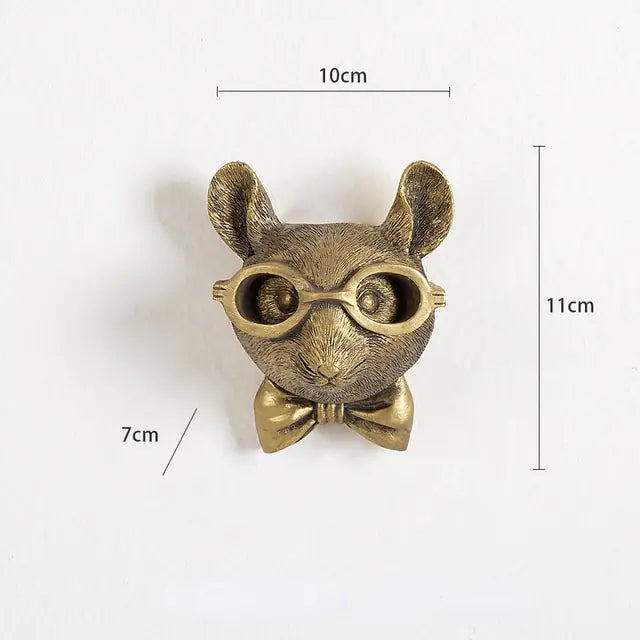 Bronze mouse head sculpture with glasses and a bow tie, dimensions 10 cm by 11 cm by 7 cm