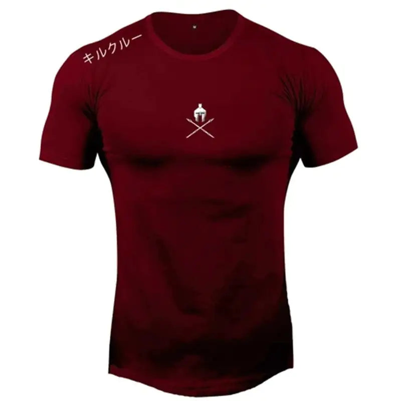Burgundy fitted t-shirt with warrior helmet logo and crossed swords, Japanese text on shoulder
