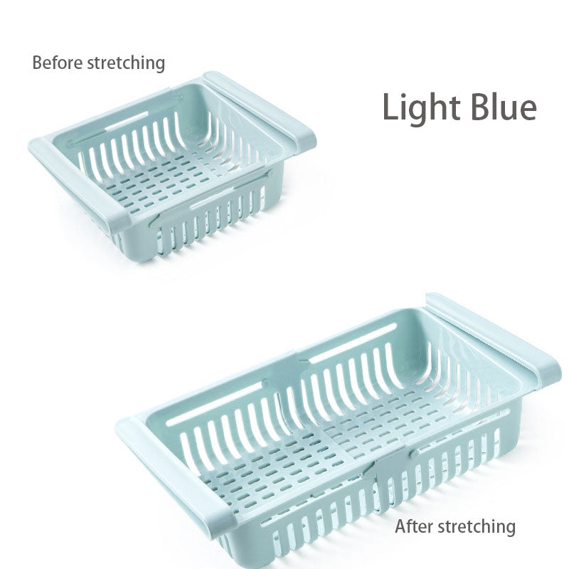 Light Blue pull-out fridge storage bin shown before and after stretching
