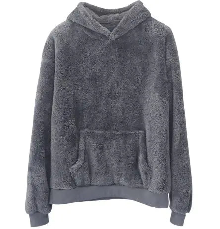Charcoal grey furry pullover hoodie with soft textured fabric, featuring standard pocket and elastic bands