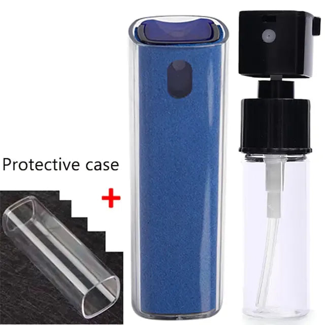 Clear and blue spray bottles with a protective plastic case.