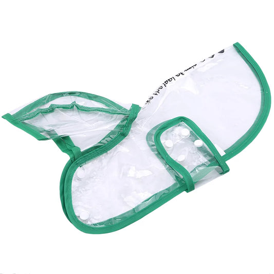 Clear plastic dog raincoat with green trim, featuring snap buttons and 'feel of rain' text on edge