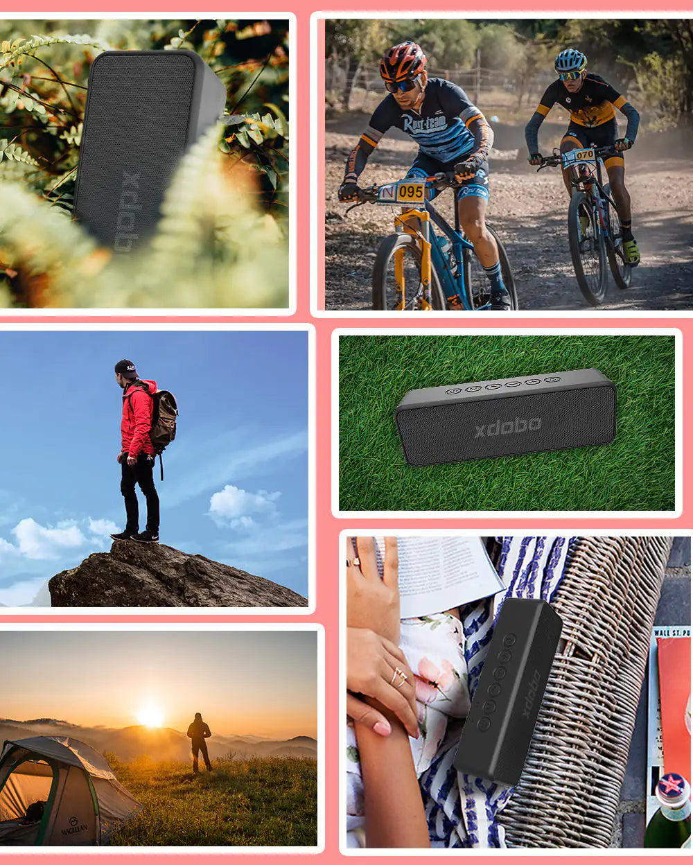 Collage of lifestyle photos showing the speaker in various outdoor settings: nature, cycling, hiking, camping, and casual reading scenarios.