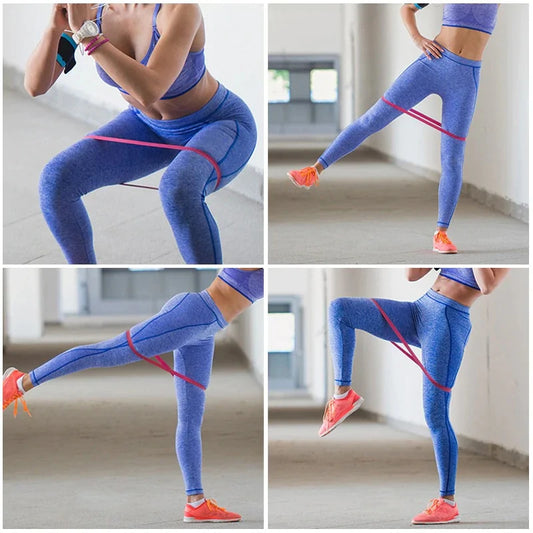 Collage showing resistance band exercises in blue workout wear, demonstrating leg movements and squats