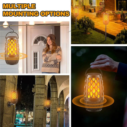 Collage showing various uses of a lantern with a lattice design and warm light in different settings.