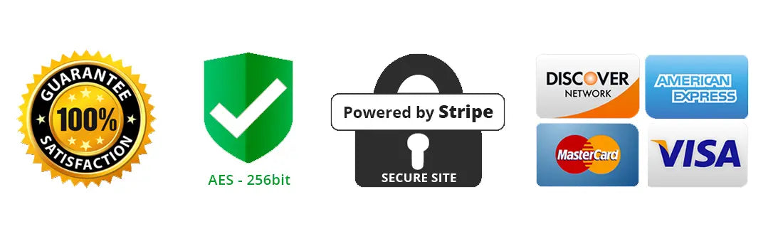 Collection of security and payment logos including a gold guarantee badge, green shield, black lock, and various payment card logos.