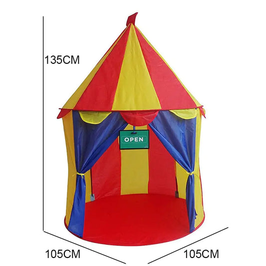 Colorful play tent with red, yellow, and blue panels, featuring an OPEN sign