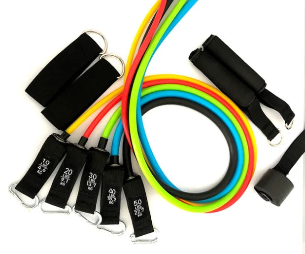 Colorful resistance bands with varying tensions, showcasing different weight levels and band colors.