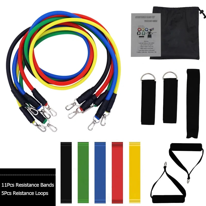 Complete resistance band kit featuring multicolored tubes, black handles, and storage pouch against white backdrop