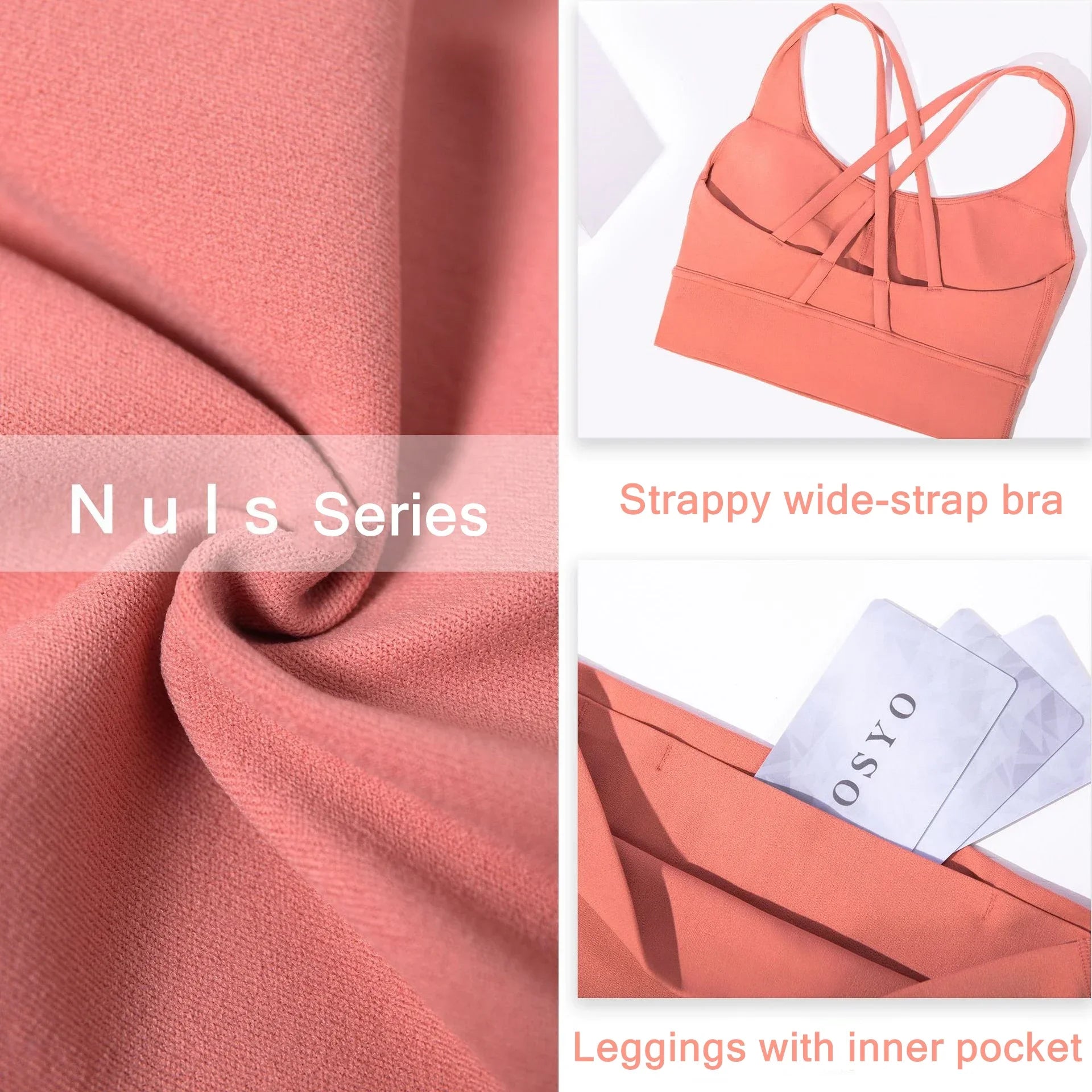Coral fabric texture and activewear featuring strappy bra and leggings with pocket from Nuls Series