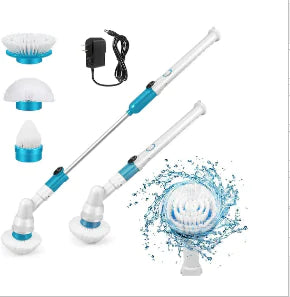Cordless electric spin scrubber with multiple brush heads and power adapter