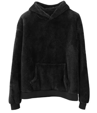 Cozy black fleece pullover hoodie with kangaroo pocket, ribbed cuffs and hem, featuring plush texture