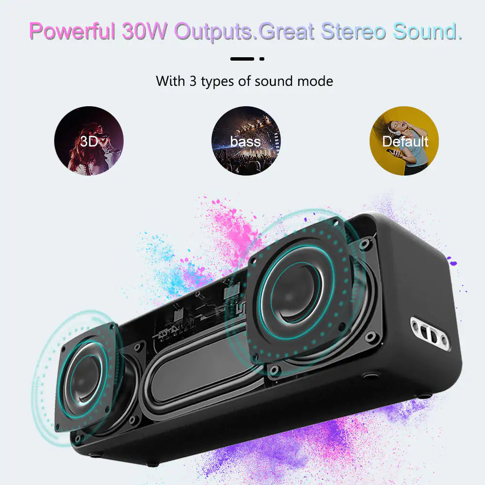 Cross-section diagram of the speaker showing internal components with three sound mode icons: 3D, bass, and Default.