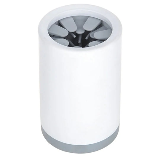 Cylindrical white pet paw cleaner with gray silicone bristles in a circular pattern on top, gray base