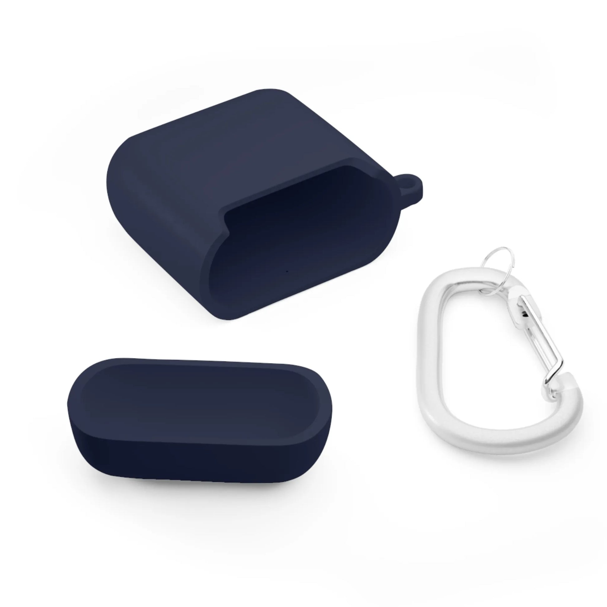 Dark blue silicone earbud case with lid and silver carabiner.