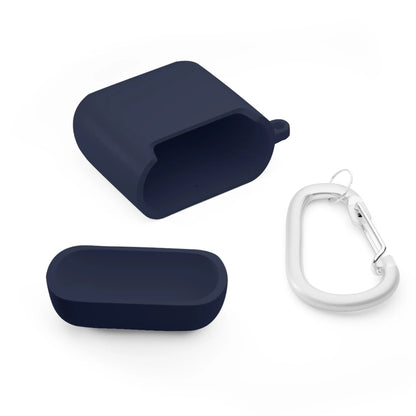 Dark blue silicone earbud case with lid and silver carabiner.