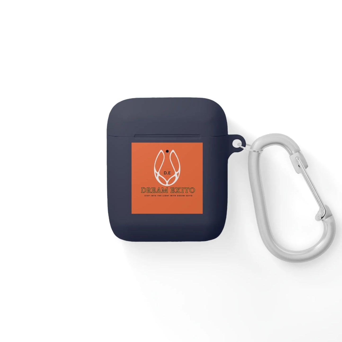 Dark navy blue earbud case with orange label featuring a logo and text, attached to a metallic carabiner clip