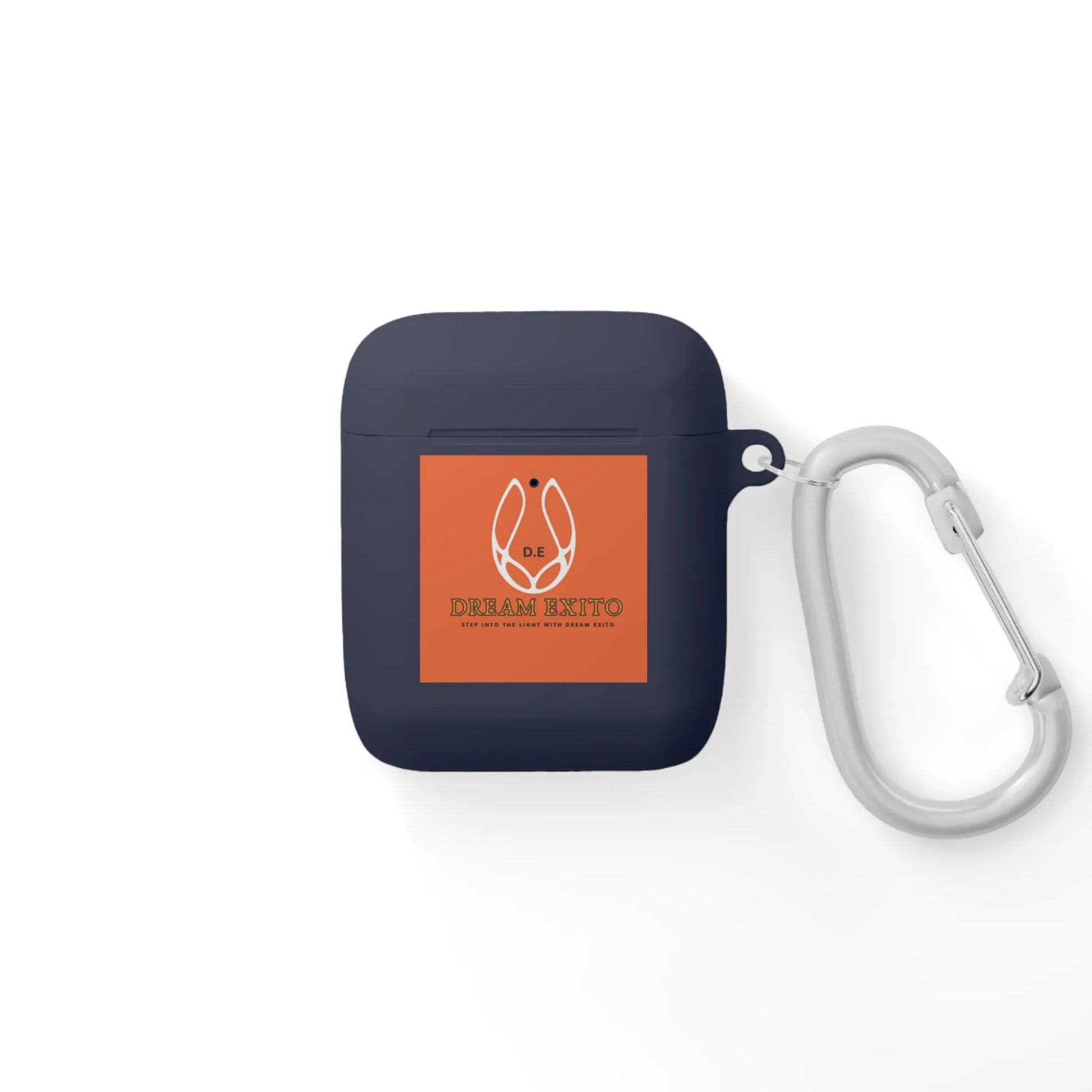 Dark navy blue earbud case with orange label featuring a logo and text, attached to a metallic carabiner clip