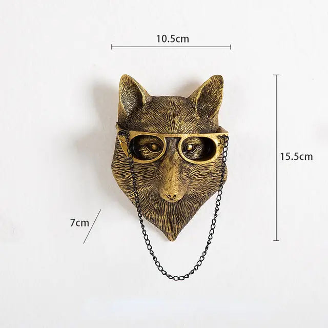 Decorative wall-mounted fox head with glasses and chain, bronze-like finish