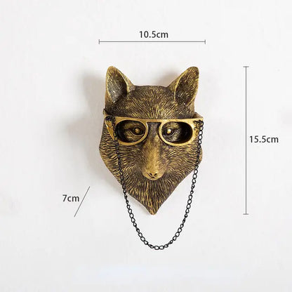 Decorative wall-mounted fox head with glasses and chain, bronze-like finish