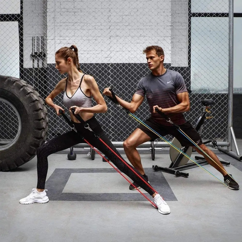 Demonstration of multi-way training with resistance bands, showing ankle straps and different exercise positions.