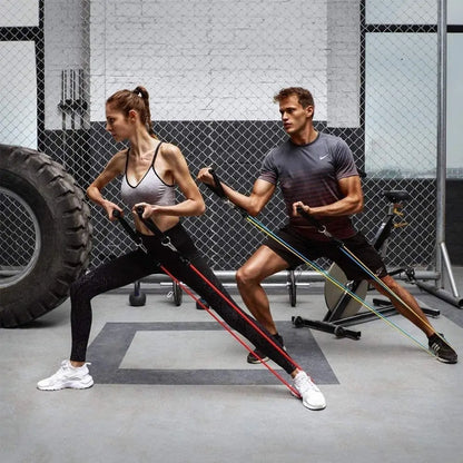 Demonstration of multi-way training with resistance bands, showing ankle straps and different exercise positions.