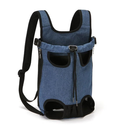 Denim blue pet carrier backpack with black trim, mesh ventilation, and adjustable straps for comfort