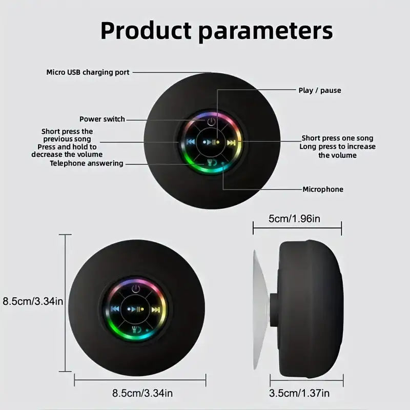 Diagram showing control features and dimensions of a circular black audio device with an LED ring interface.