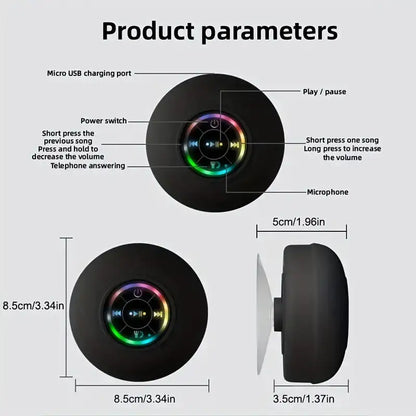 Diagram showing control features and dimensions of a circular black audio device with an LED ring interface.