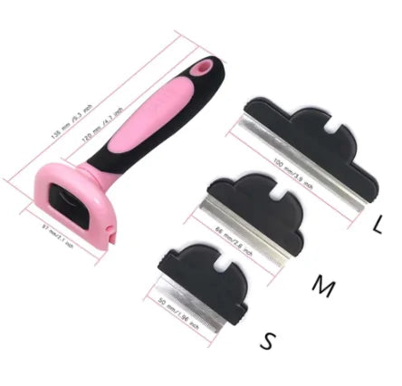 Diagram showing dimensions of pet grooming brush with three detachable blades labeled S, M, and L for different sizes