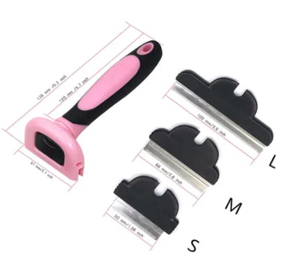 Diagram showing dimensions of pet grooming brush with three detachable blades labeled S, M, and L for different sizes