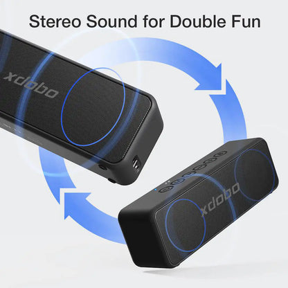 Diagram showing two Xdobo speakers with blue circular waves illustrating stereo sound connectivity between them.