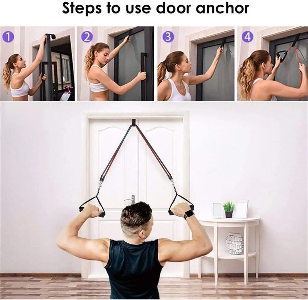 Door anchor installation guide with four-step visual instructions for setting up resistance bands.