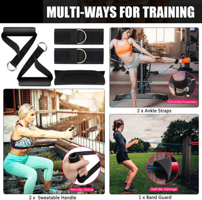 Exercise poster showing step-by-step resistance band workout movements and included equipment.