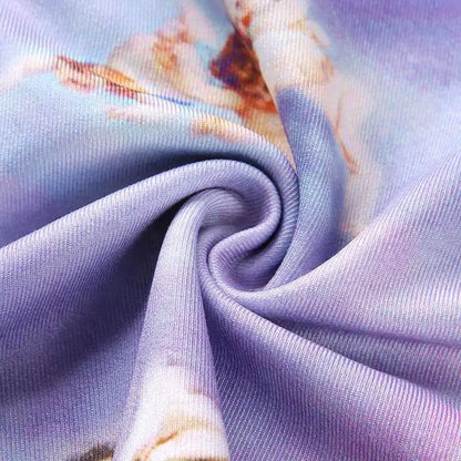 Extreme close-up of the fabric texture, showing the stretchy material gathered in folds. Lavender base