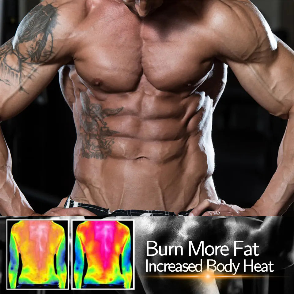 Fitness ad showing muscular torso with thermal imaging, promoting increased fat burning through heat