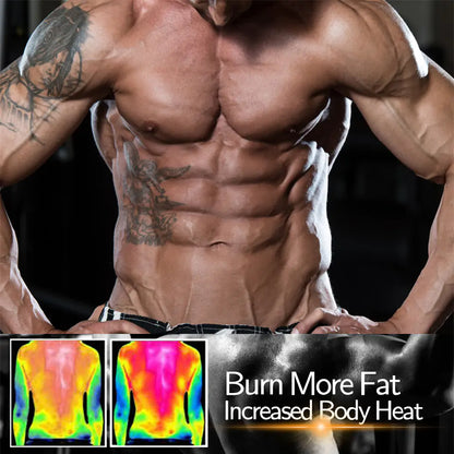 Fitness ad showing muscular torso with thermal imaging, promoting increased fat burning through heat