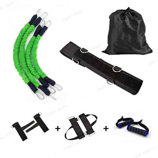 Fitness kit with green resistance bands, black waist belt, storage bag, and handle attachments shown
