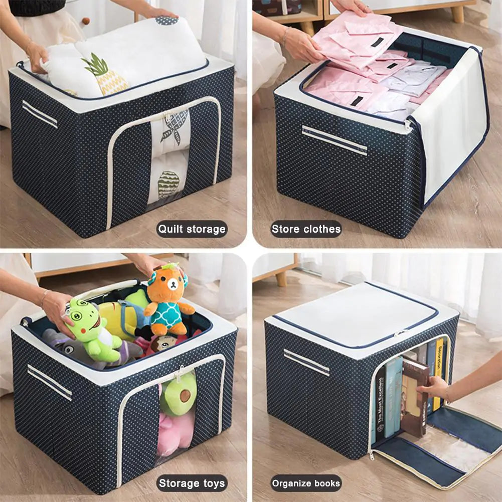 Four-panel image showing storage box uses: quilt storage, clothes, toys, and book organization